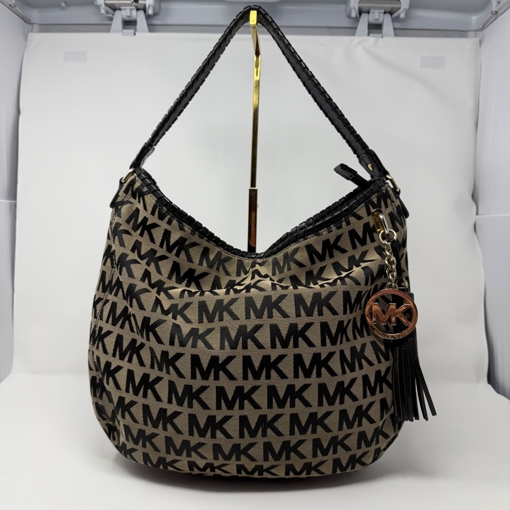 Michael Kors MK Logo Jacquard Hobo Shoulder Bag Black Tan Tassel Charm - Picture 2 of 16
